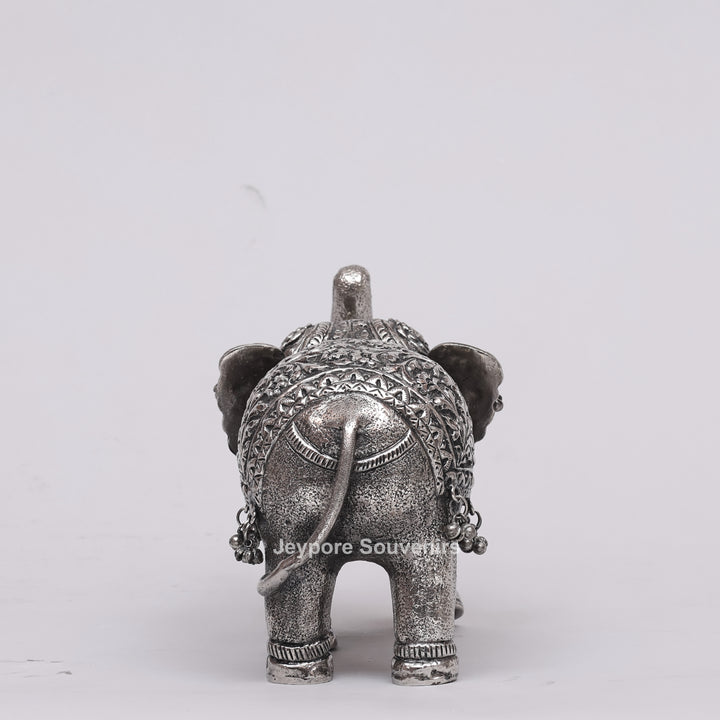 Handcrafted Silver Polished Elephant Statue with Hanging Bells