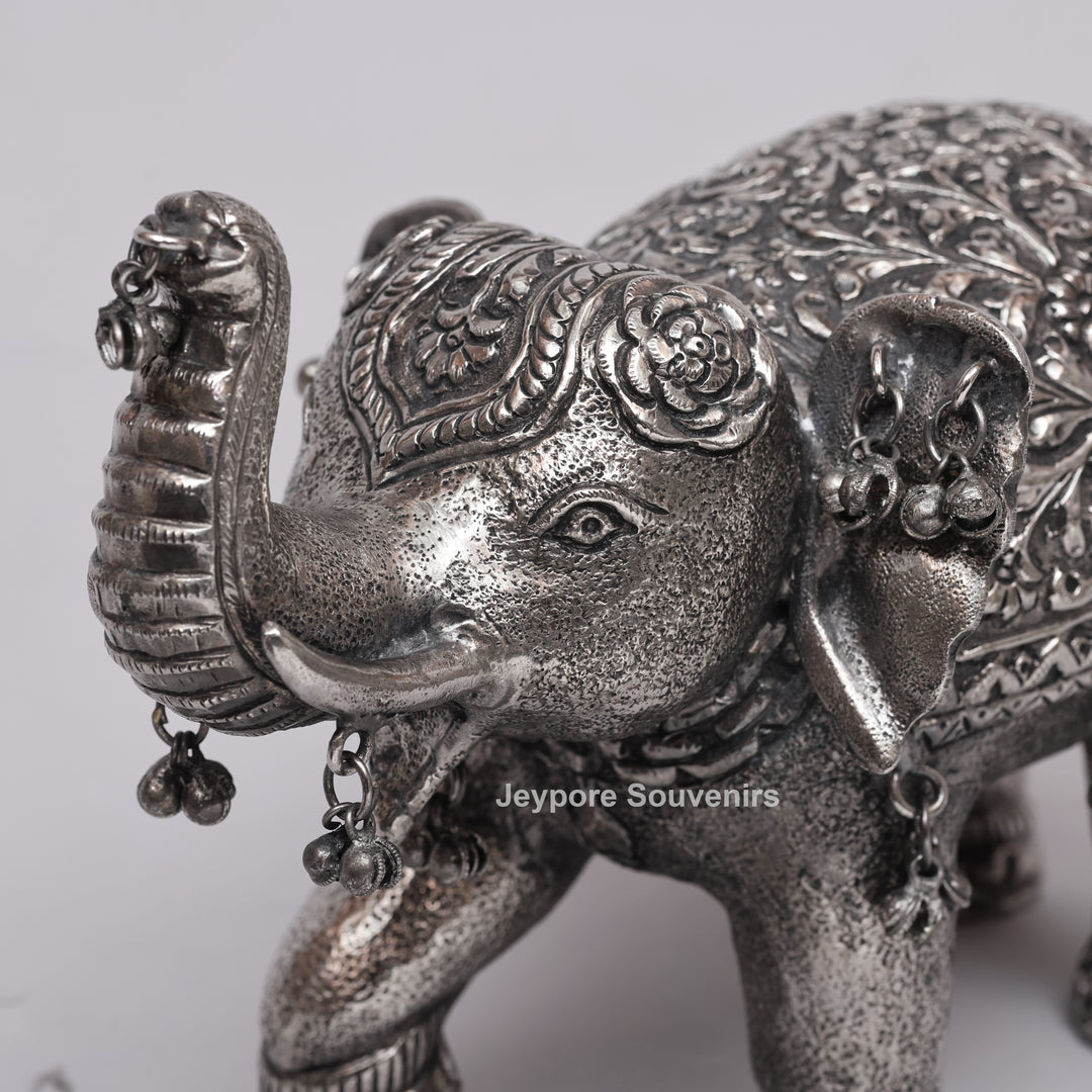 Handcrafted Silver Polished Elephant Statue with Hanging Bells