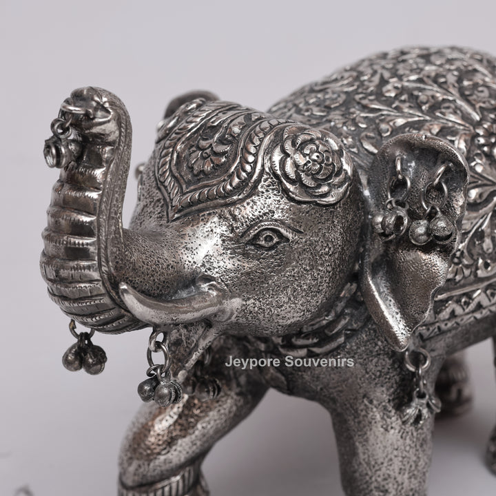 Handcrafted Silver Polished Elephant Statue with Hanging Bells
