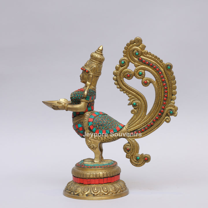 Handcrafted Brass Peacock and Lady design Oil Lamp