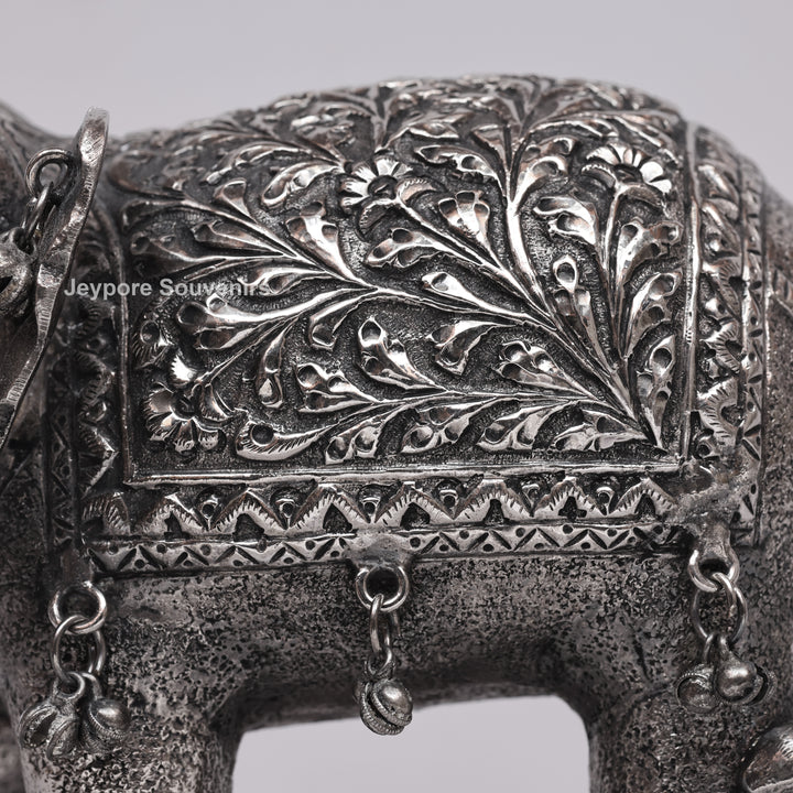 Handcrafted Silver Polished Elephant Statue with Hanging Bells
