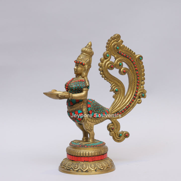 Handcrafted Brass Peacock and Lady design Oil Lamp