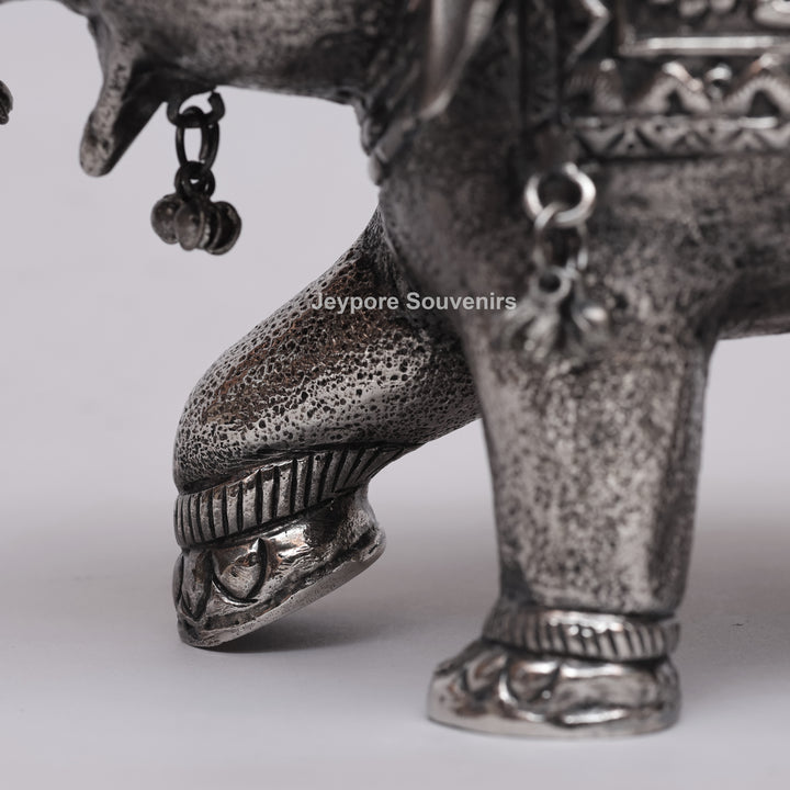 Handcrafted Silver Polished Elephant Statue with Hanging Bells