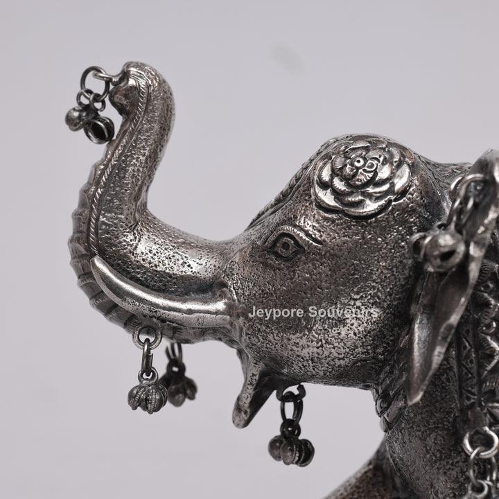 Handcrafted Silver Polished Elephant Statue with Hanging Bells