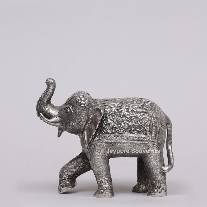 Handcrafted Silver Polished Elephant Statue with Floral Engravings