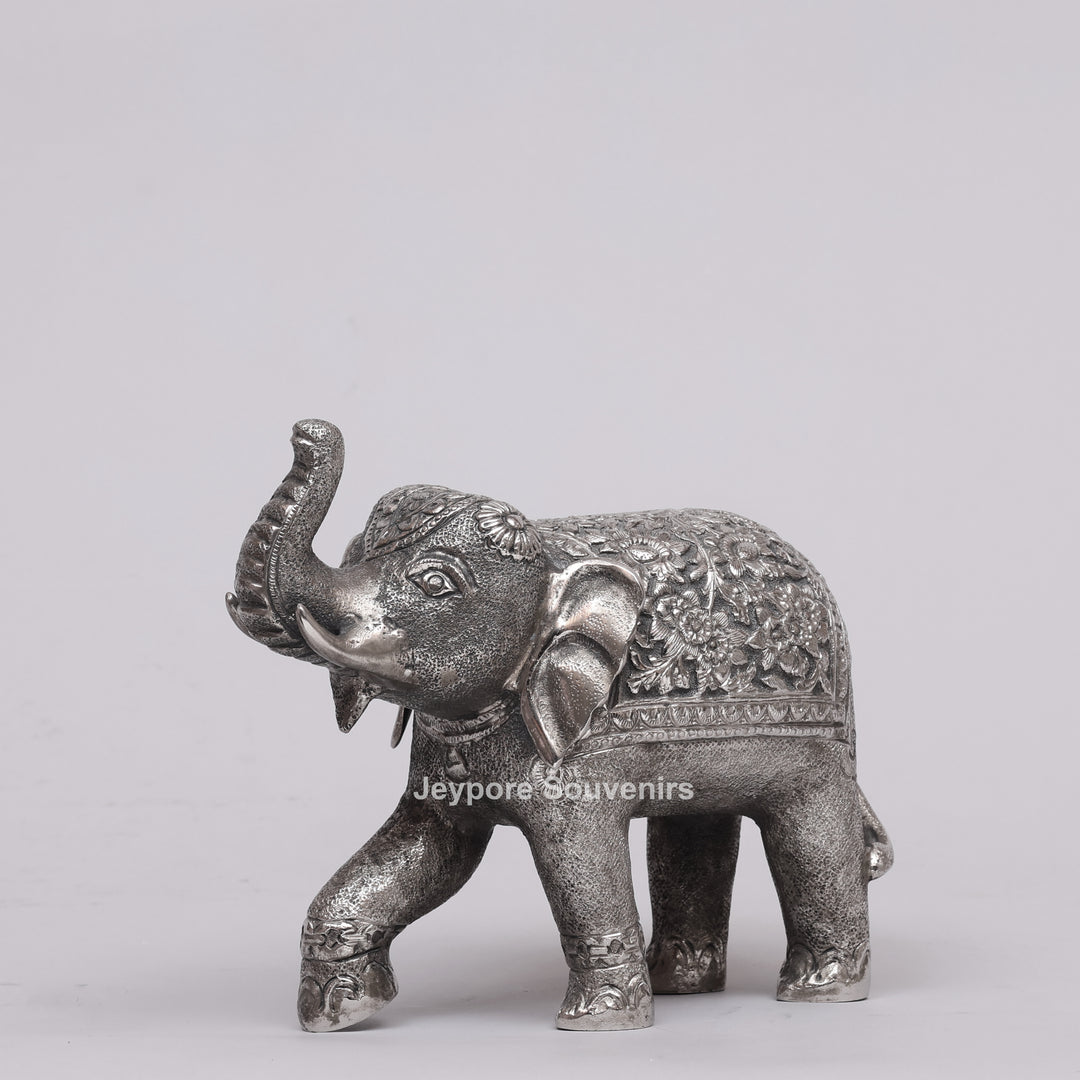 Handcrafted Silver Polished Elephant Statue with Floral Engravings