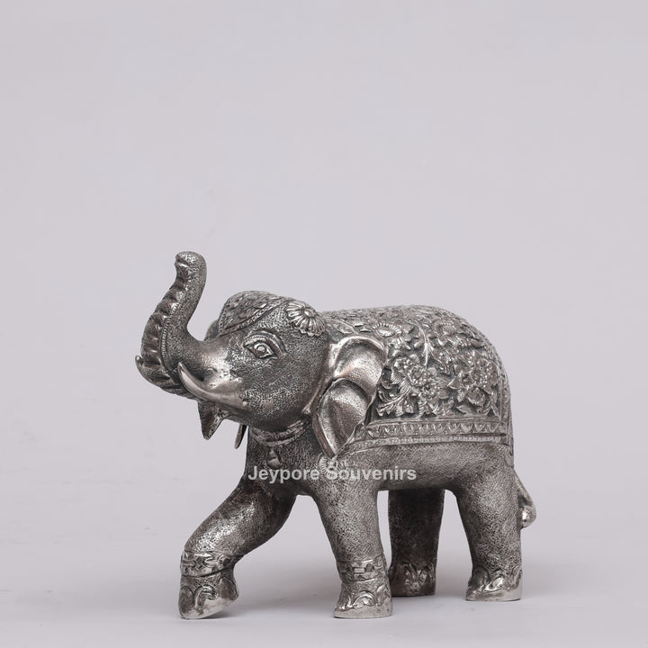 Handcrafted Silver Polished Elephant Statue with Floral Engravings