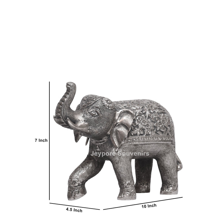 Handcrafted Silver Polished Elephant Statue with Floral Engravings