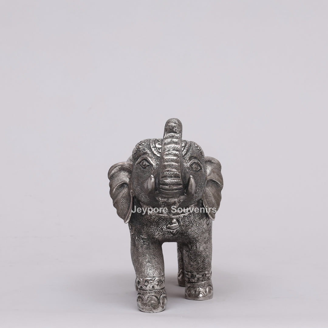 Handcrafted Silver Polished Elephant Statue with Floral Engravings