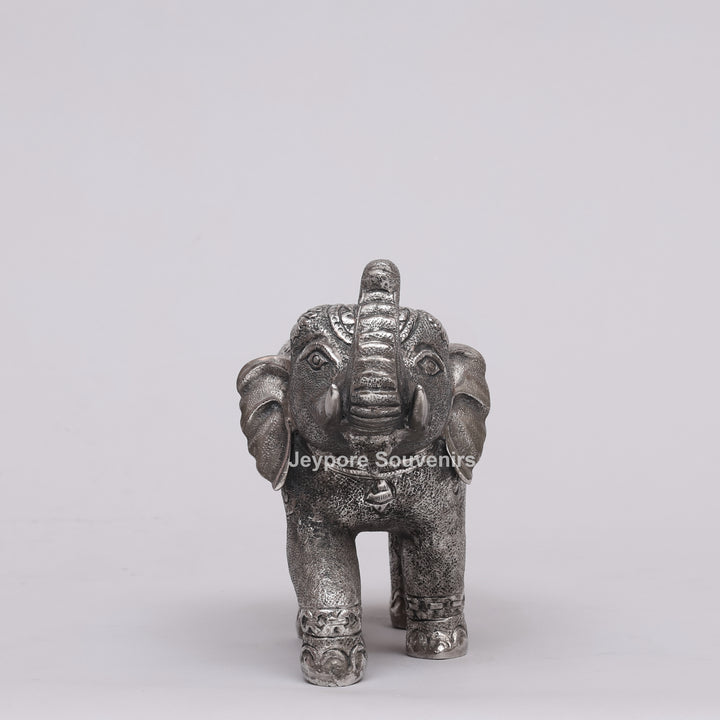 Handcrafted Silver Polished Elephant Statue with Floral Engravings