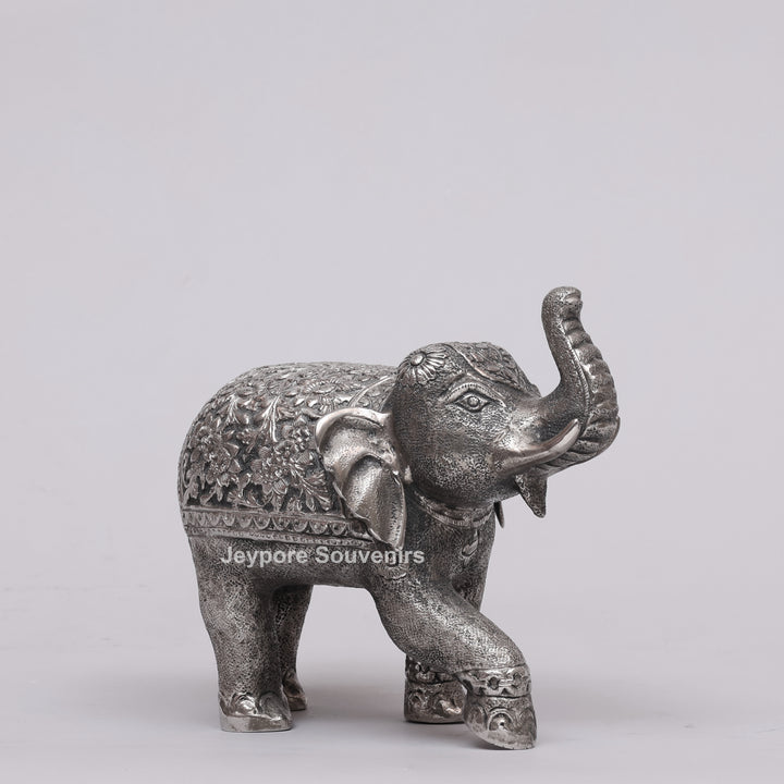 Handcrafted Silver Polished Elephant Statue with Floral Engravings