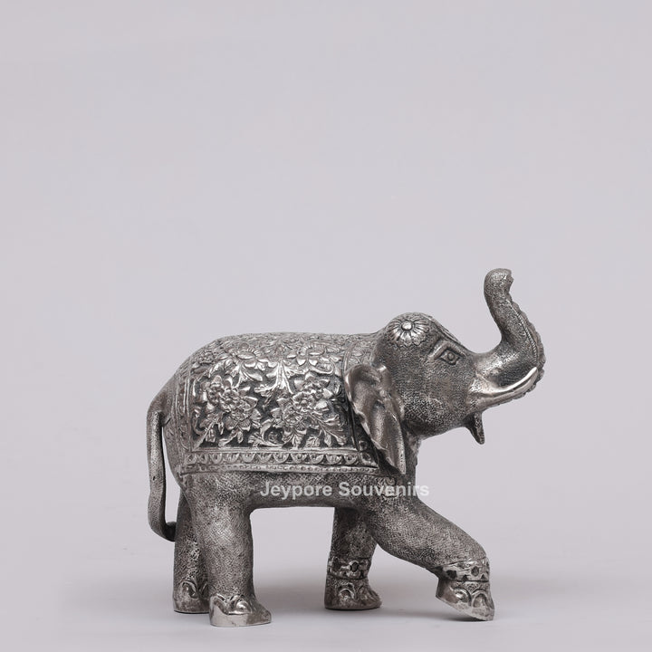 Handcrafted Silver Polished Elephant Statue with Floral Engravings