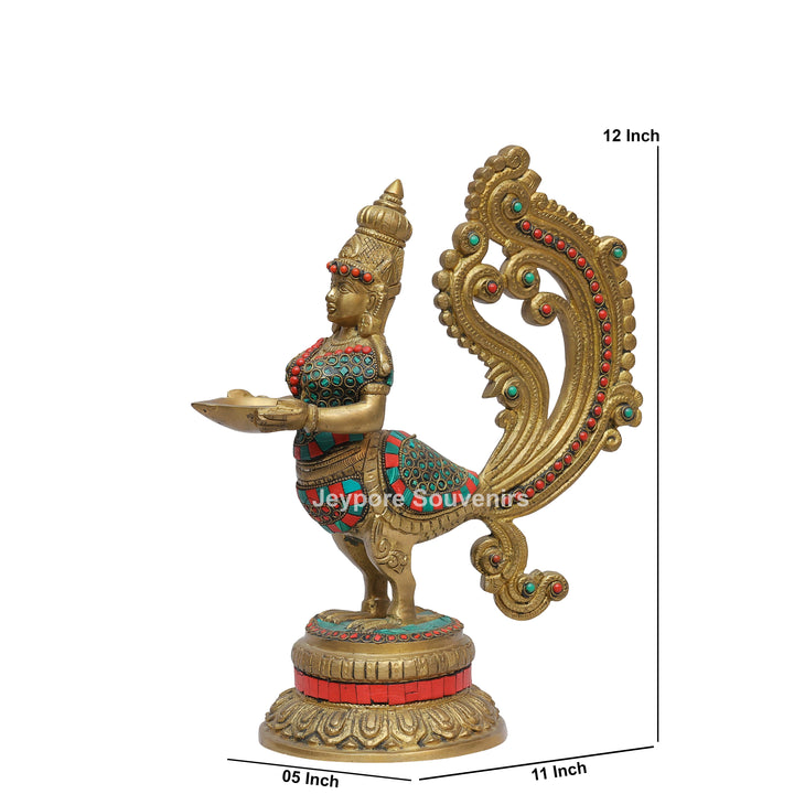 Handcrafted Brass Peacock and Lady design Oil Lamp