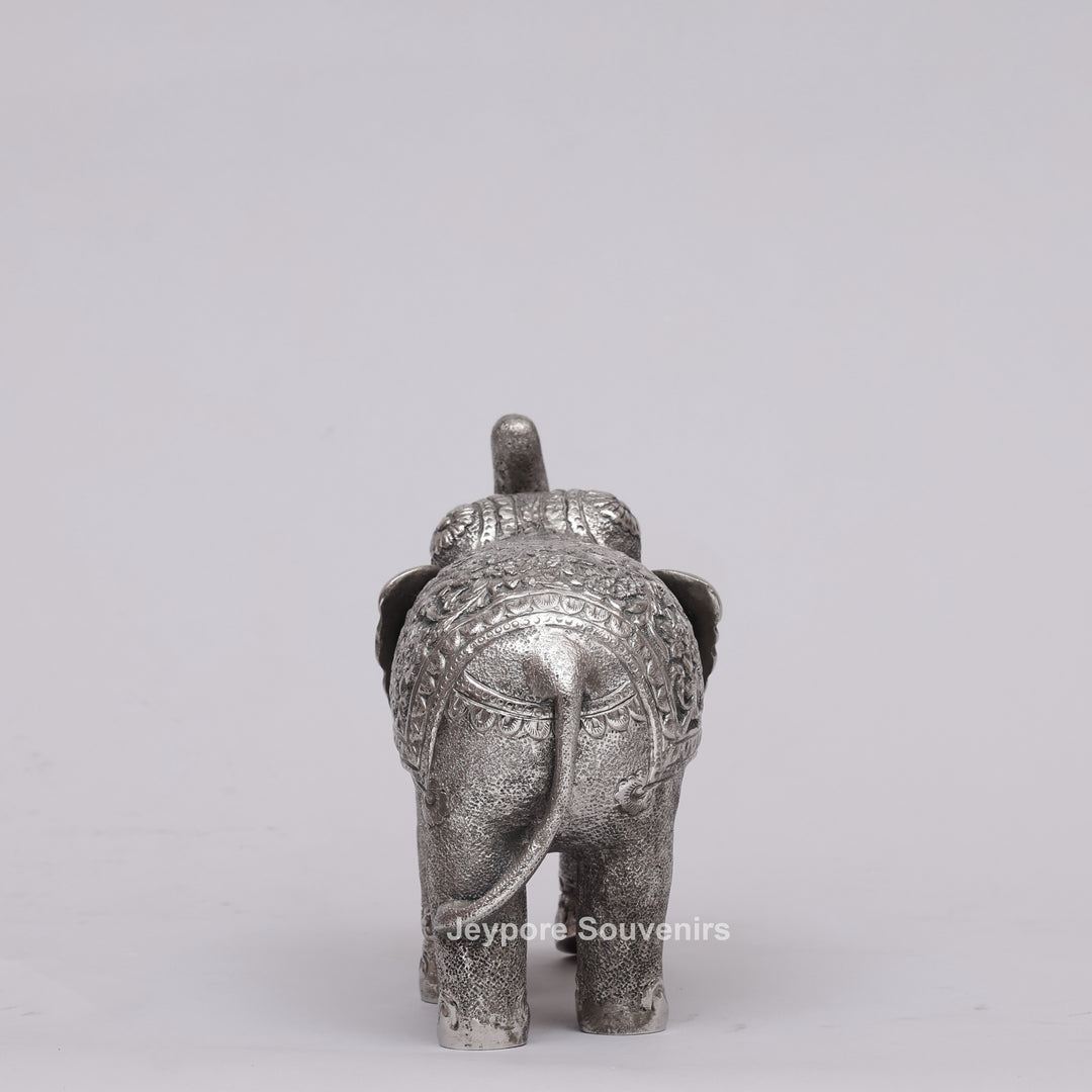 Handcrafted Silver Polished Elephant Statue with Floral Engravings