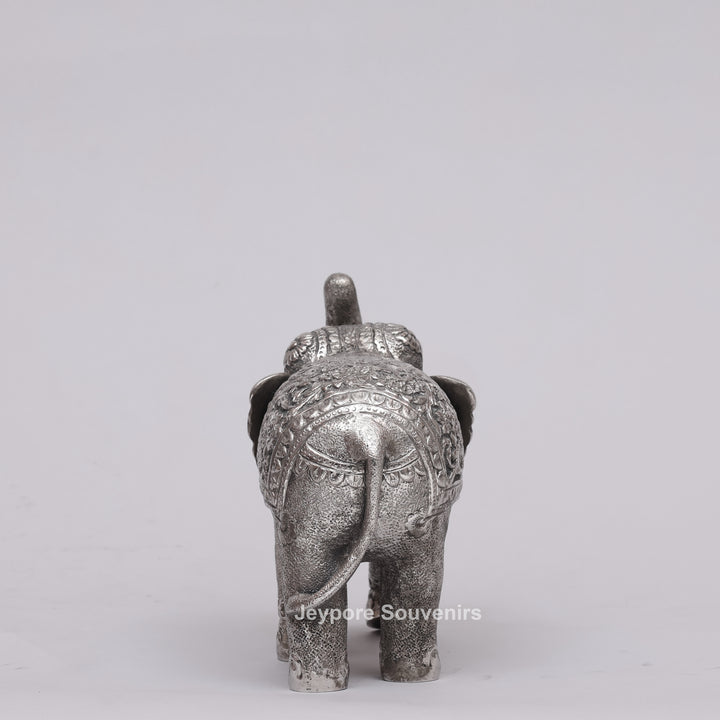 Handcrafted Silver Polished Elephant Statue with Floral Engravings