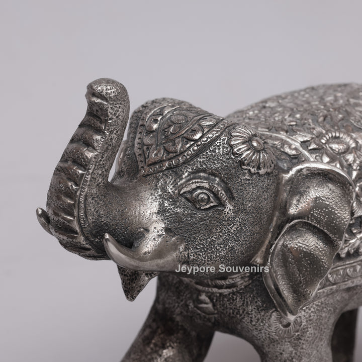 Handcrafted Silver Polished Elephant Statue with Floral Engravings