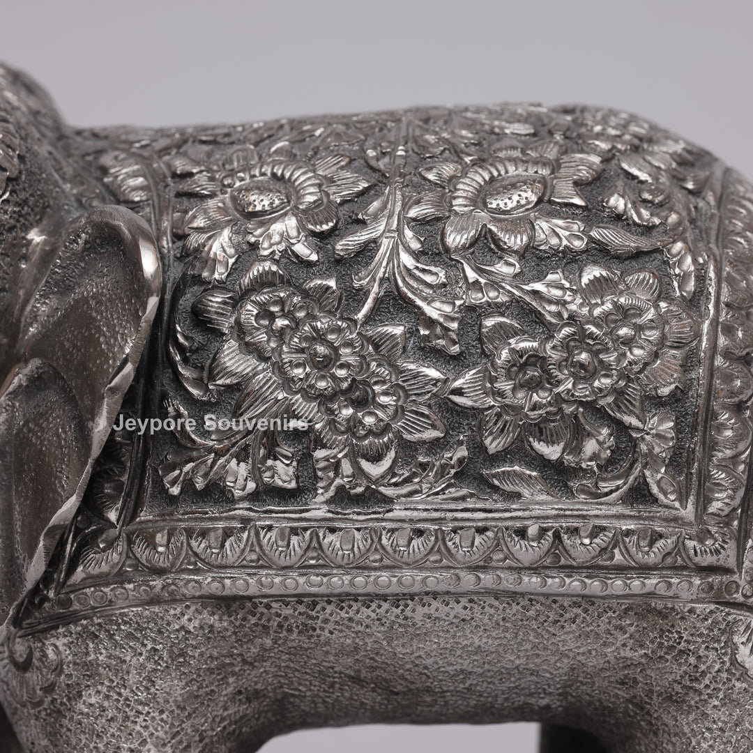 Handcrafted Silver Polished Elephant Statue with Floral Engravings