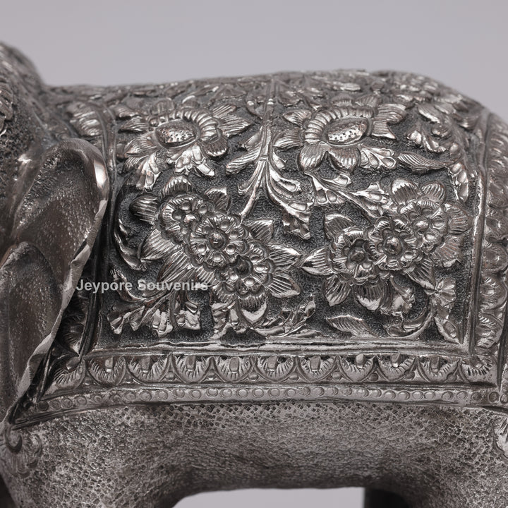 Handcrafted Silver Polished Elephant Statue with Floral Engravings