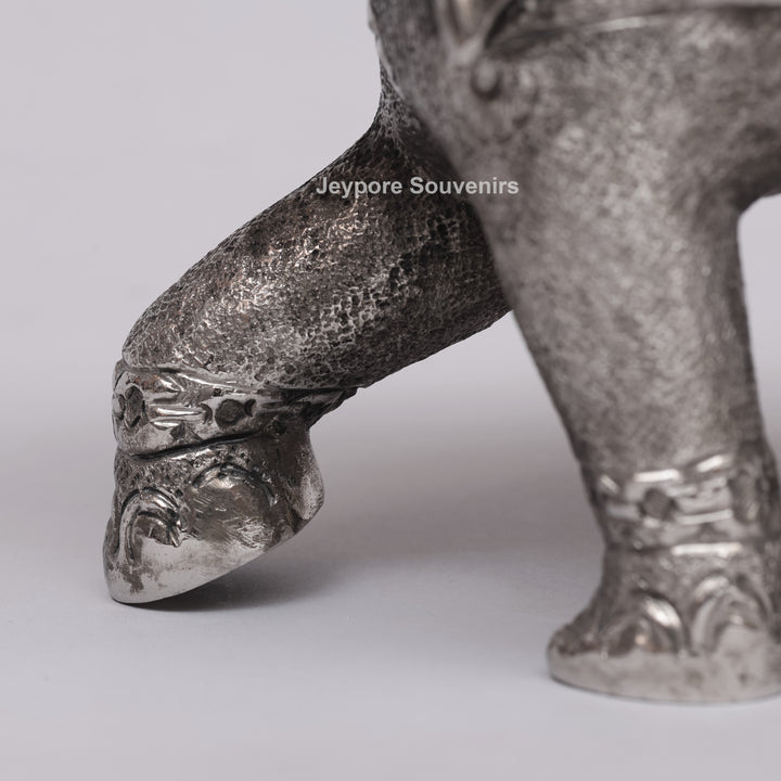 Handcrafted Silver Polished Elephant Statue with Floral Engravings