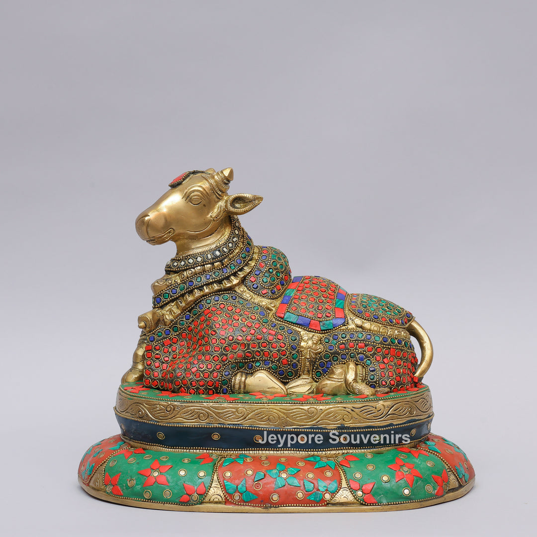 Handcrafted Inlayed Brass Nandi Statue Seated on Lotus Plinth