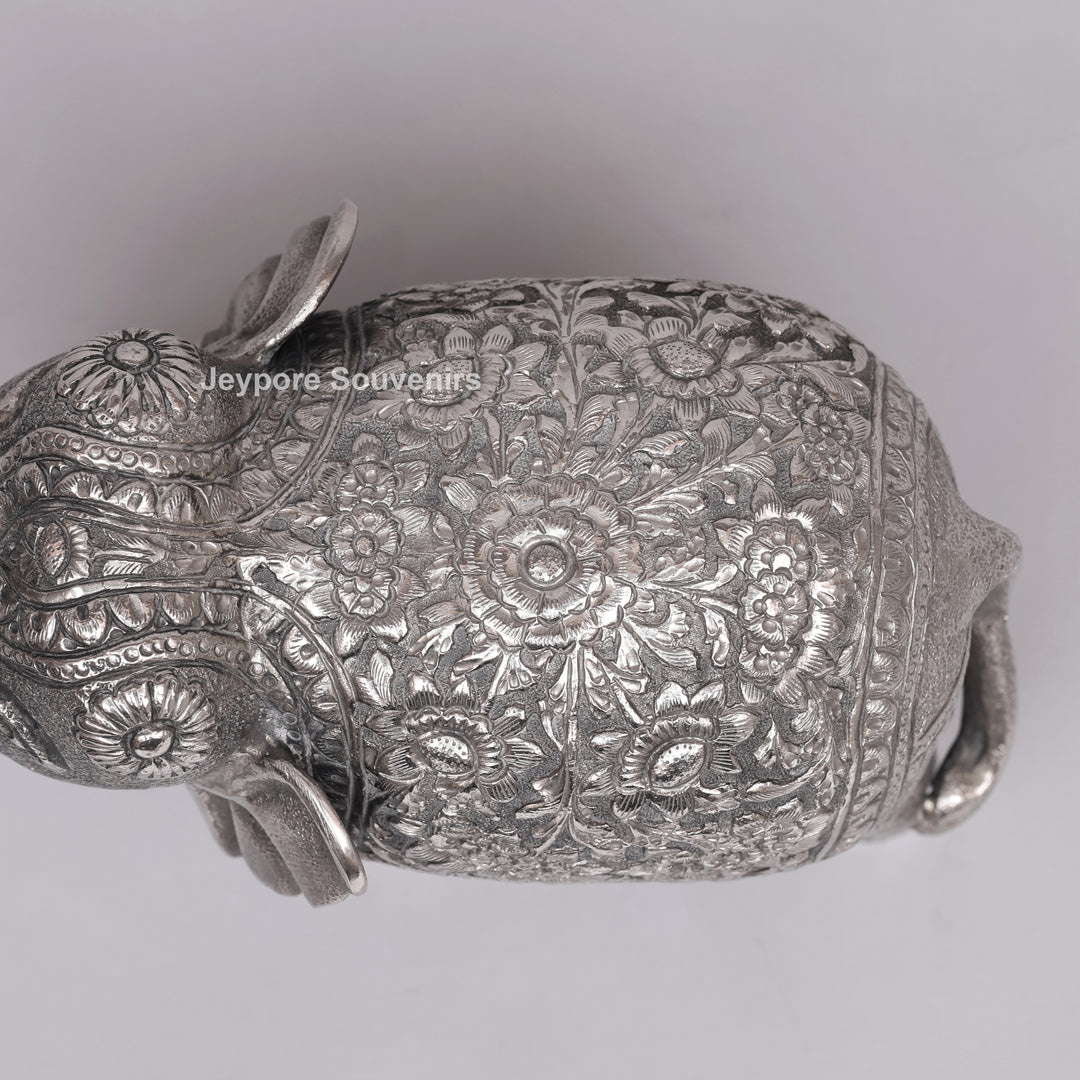 Handcrafted Silver Polished Elephant Statue with Floral Engravings