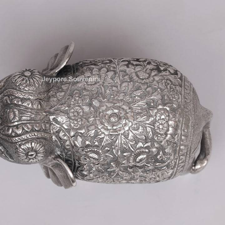 Handcrafted Silver Polished Elephant Statue with Floral Engravings