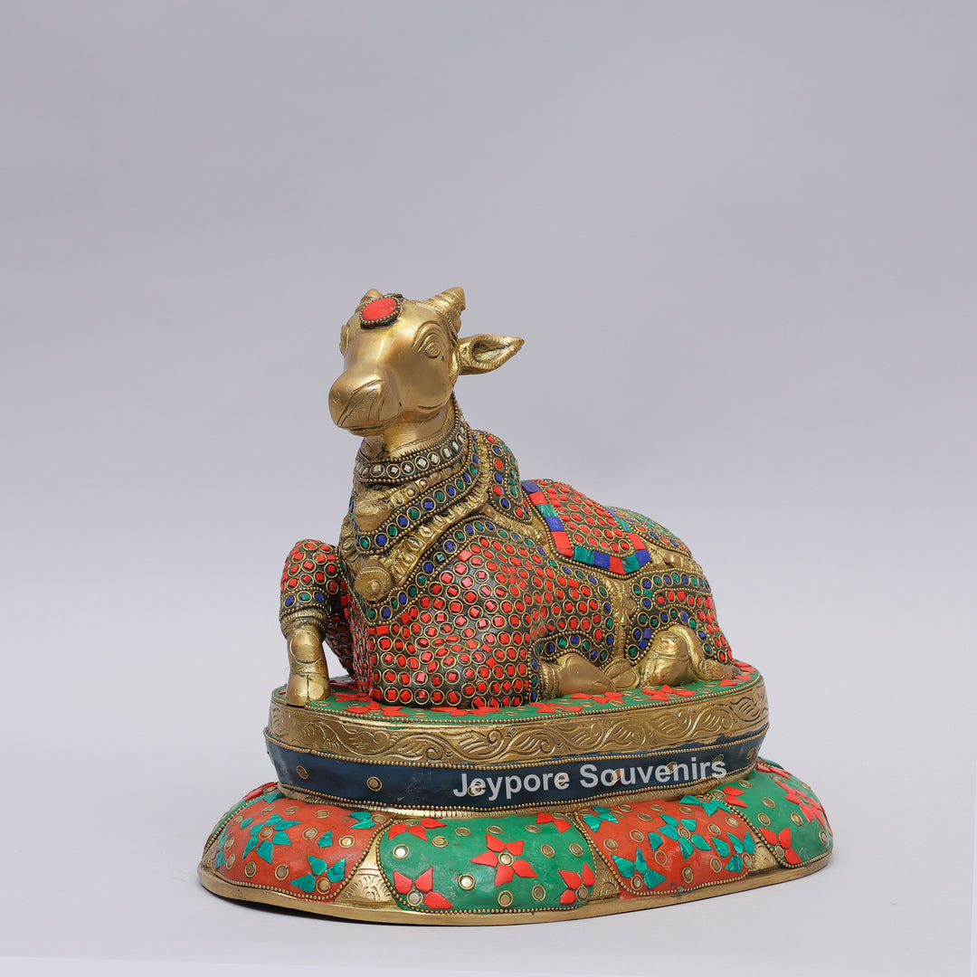Handcrafted Inlayed Brass Nandi Statue Seated on Lotus Plinth