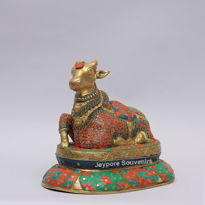 Handcrafted Inlayed Brass Nandi Statue Seated on Lotus Plinth