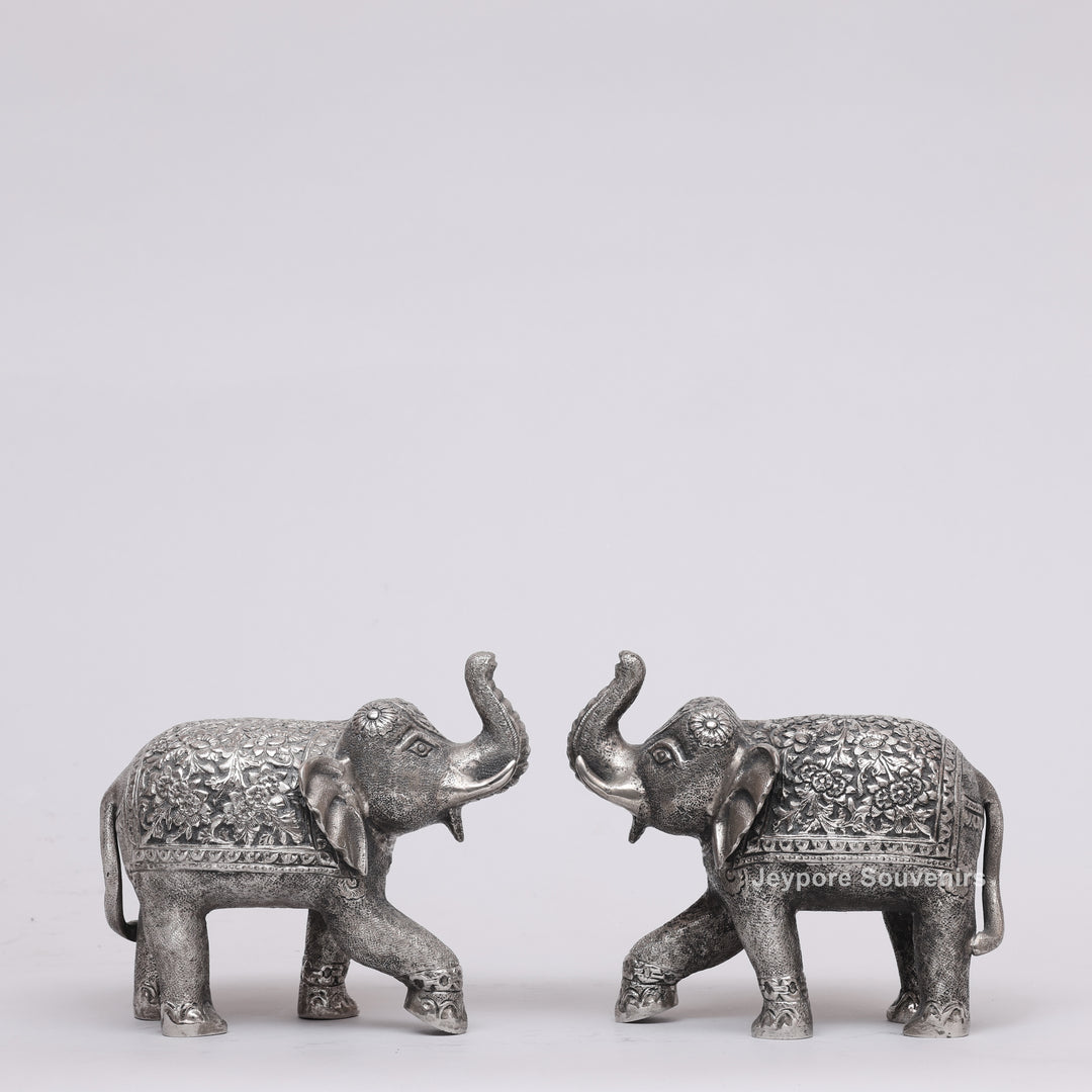 Handcrafted Silver Polished Elephant Statue with Floral Engravings