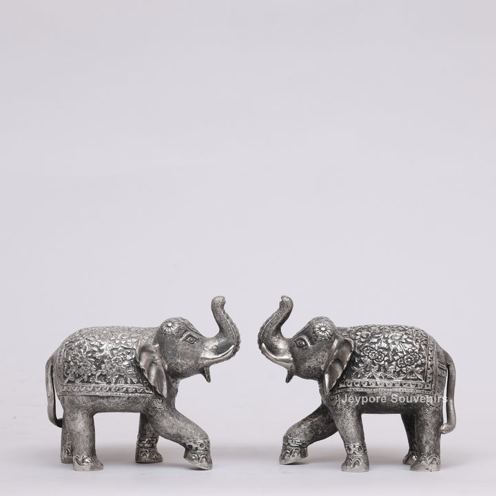 Handcrafted Silver Polished Elephant Statue with Floral Engravings