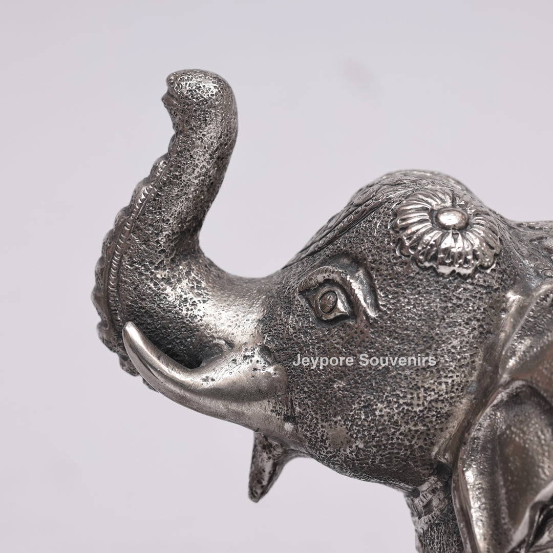 Handcrafted Silver Polished Elephant Statue with Floral Engravings