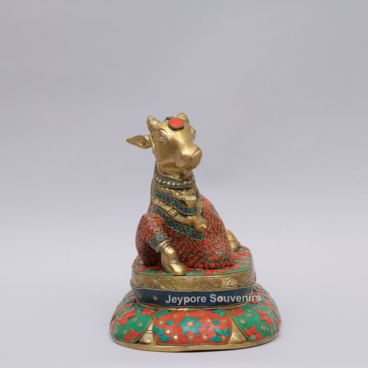 Handcrafted Inlayed Brass Nandi Statue Seated on Lotus Plinth