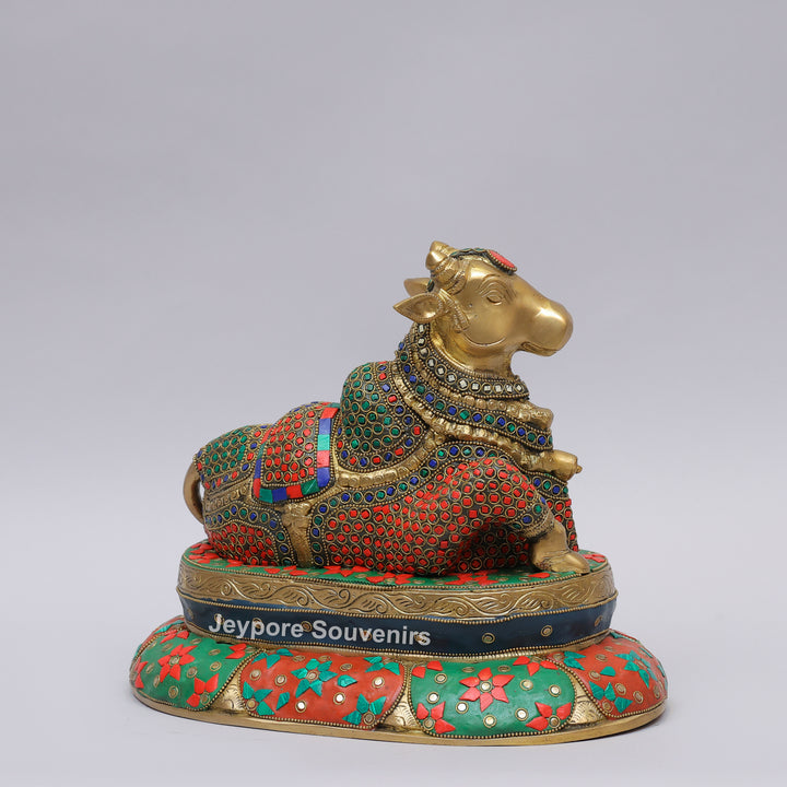 Handcrafted Inlayed Brass Nandi Statue Seated on Lotus Plinth