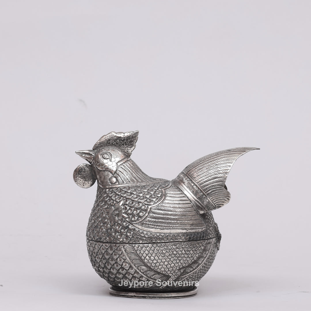 Handcrafted Cambodian Silver Polished Hen-Shaped Betel Lime Box