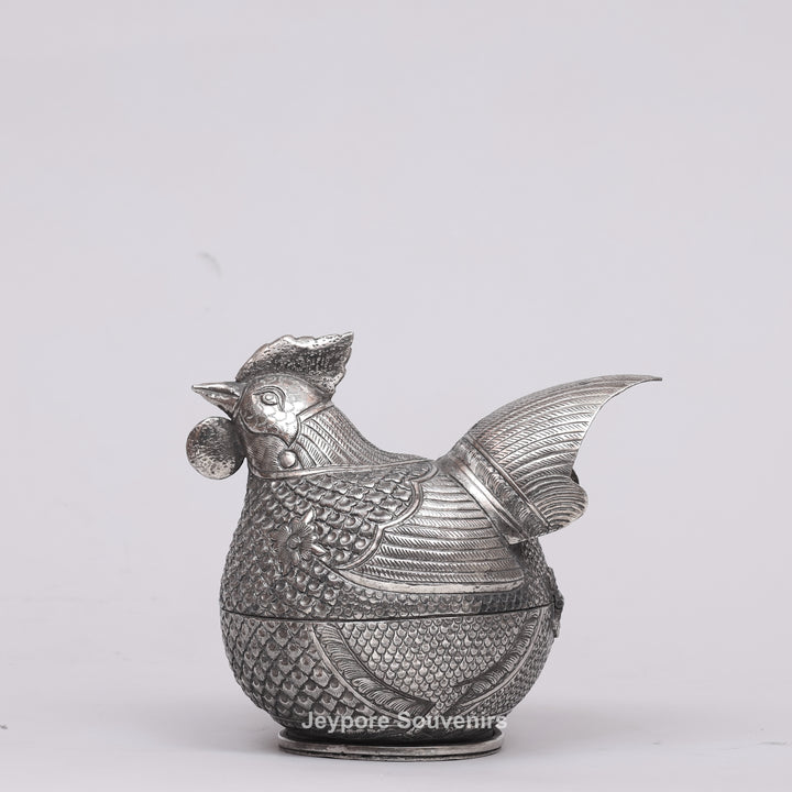 Handcrafted Cambodian Silver Polished Hen-Shaped Betel Lime Box