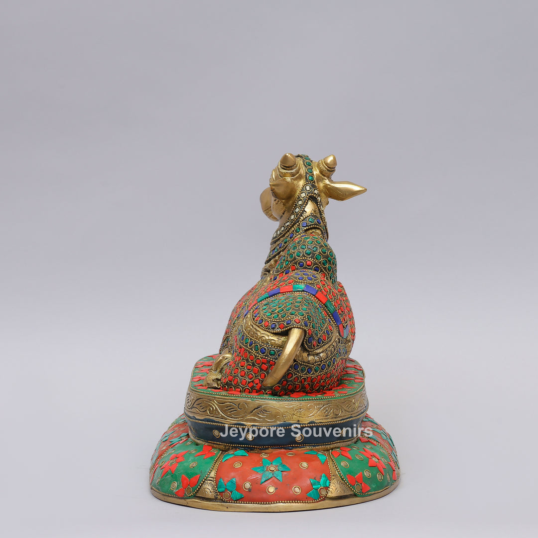 Handcrafted Inlayed Brass Nandi Statue Seated on Lotus Plinth