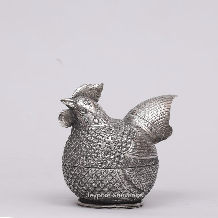 Handcrafted Cambodian Silver Polished Hen-Shaped Betel Lime Box