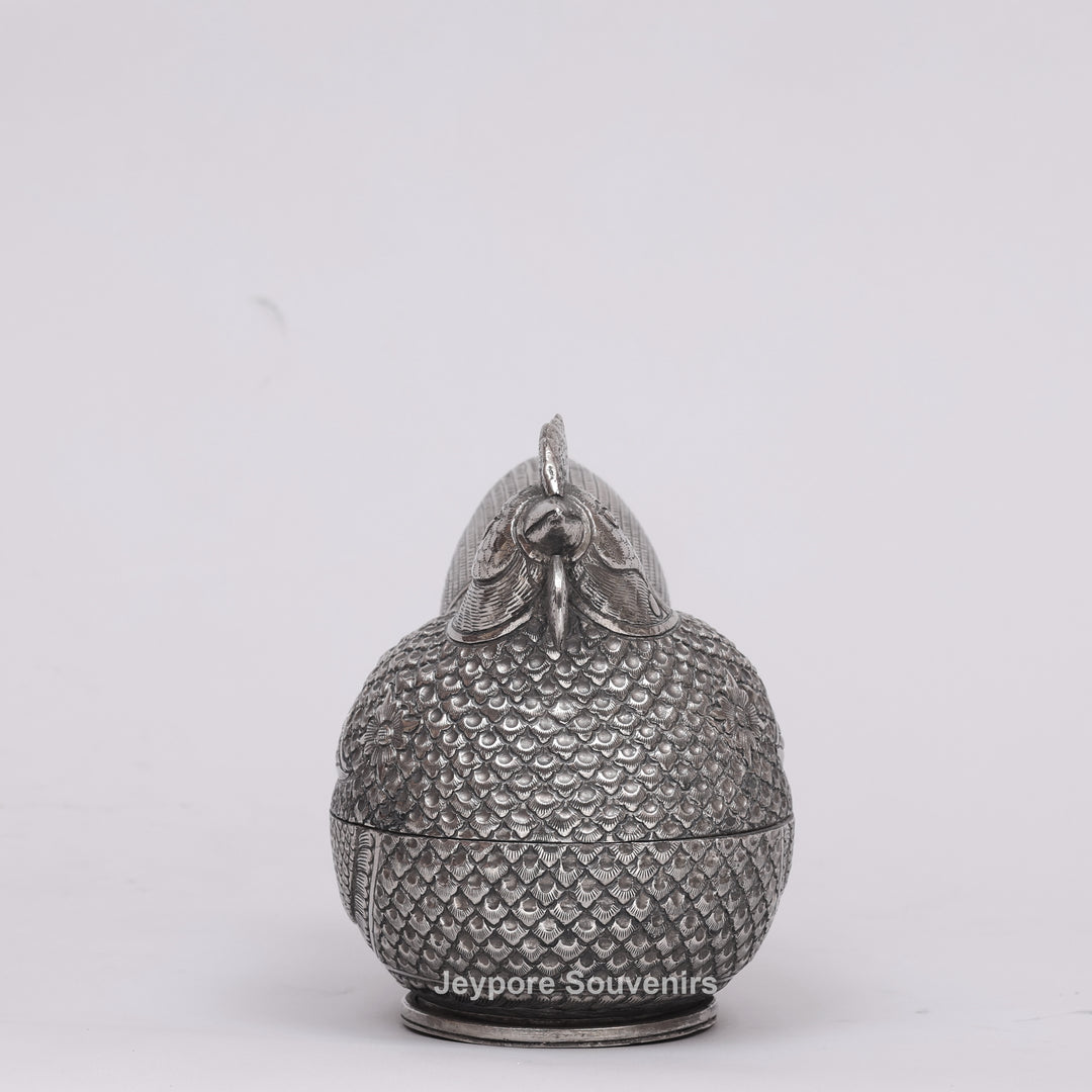 Handcrafted Cambodian Silver Polished Hen-Shaped Betel Lime Box