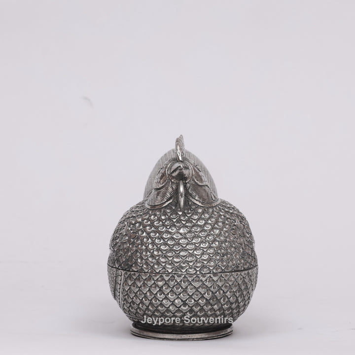 Handcrafted Cambodian Silver Polished Hen-Shaped Betel Lime Box