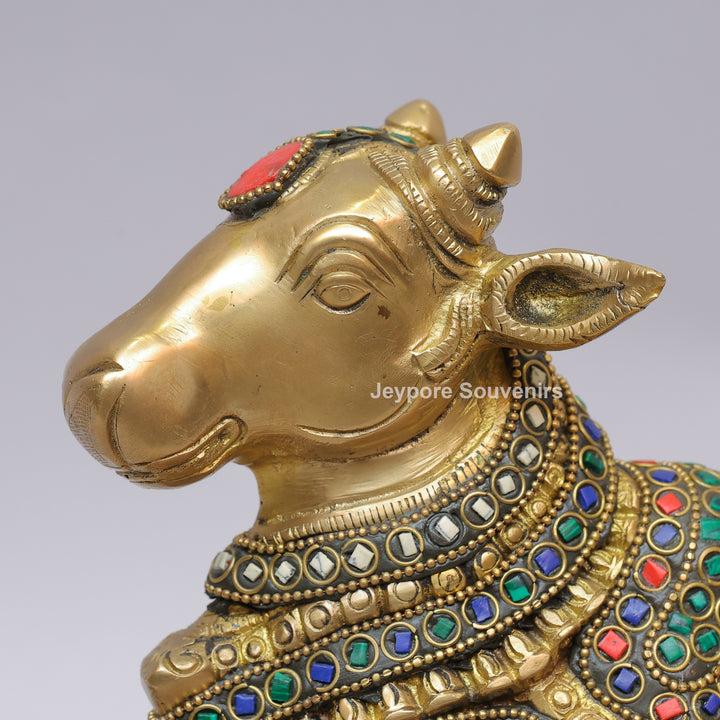 Handcrafted Inlayed Brass Nandi Statue Seated on Lotus Plinth