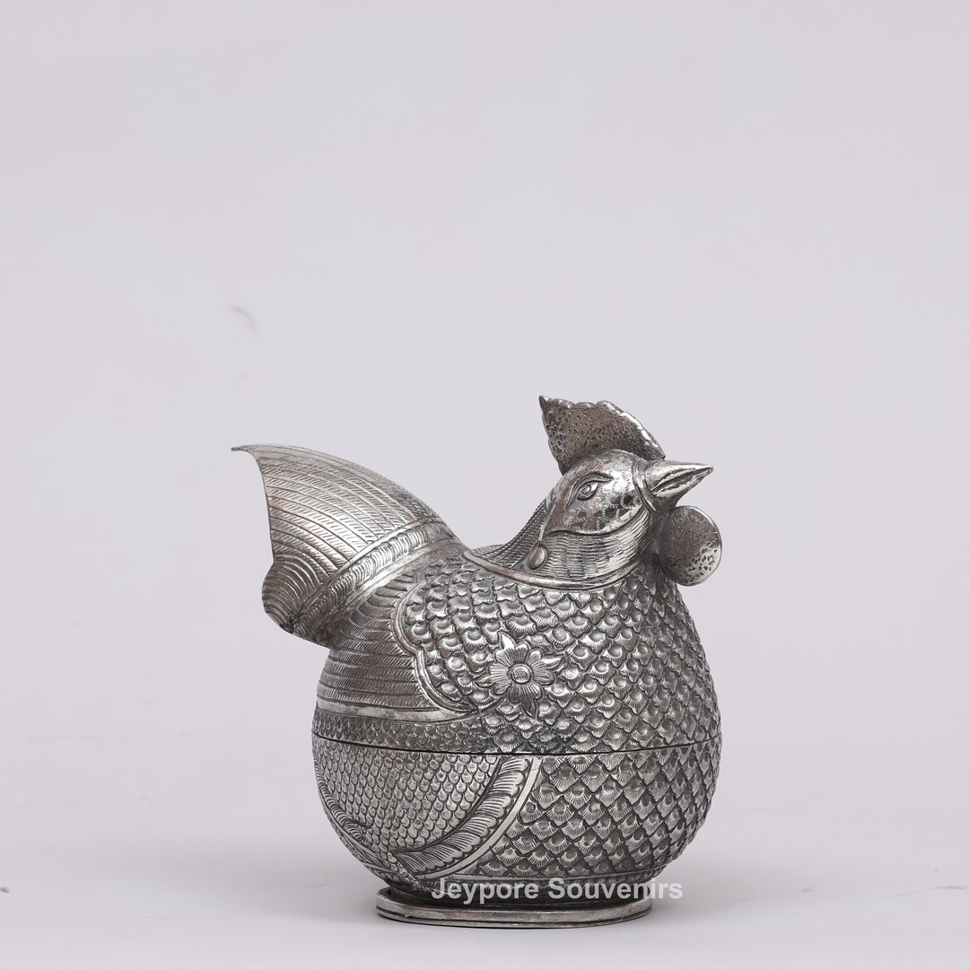 Handcrafted Cambodian Silver Polished Hen-Shaped Betel Lime Box