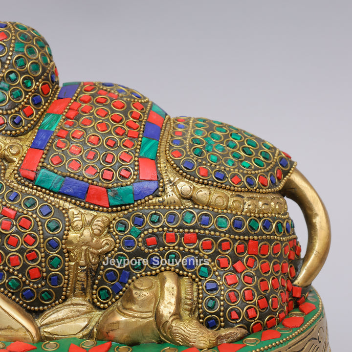 Handcrafted Inlayed Brass Nandi Statue Seated on Lotus Plinth
