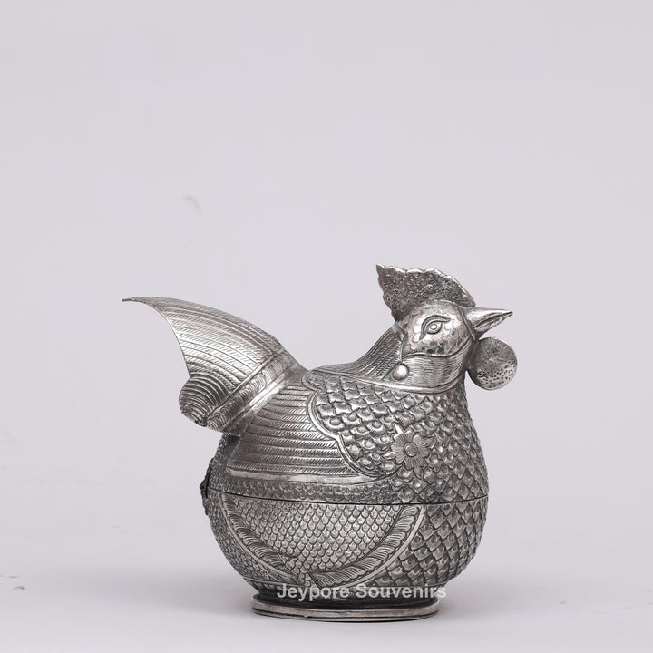 Handcrafted Cambodian Silver Polished Hen-Shaped Betel Lime Box
