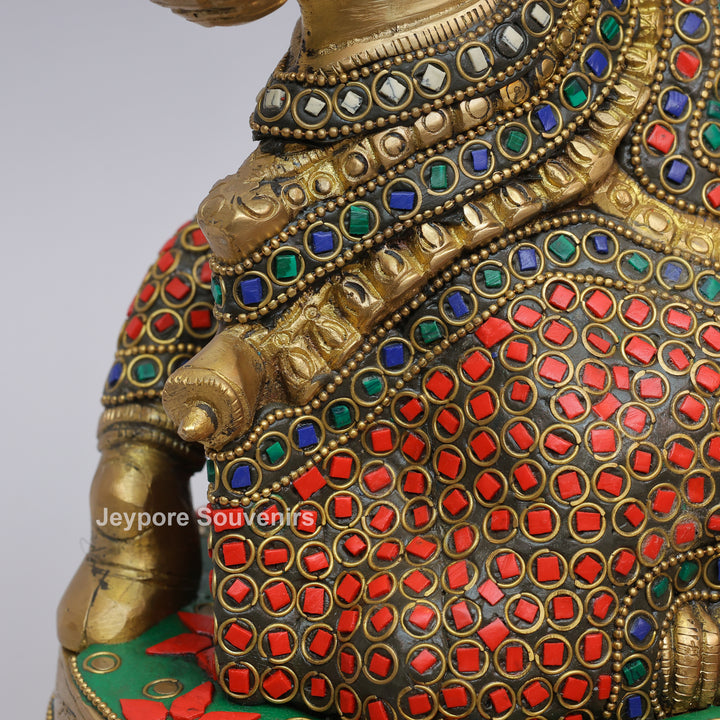 Handcrafted Inlayed Brass Nandi Statue Seated on Lotus Plinth