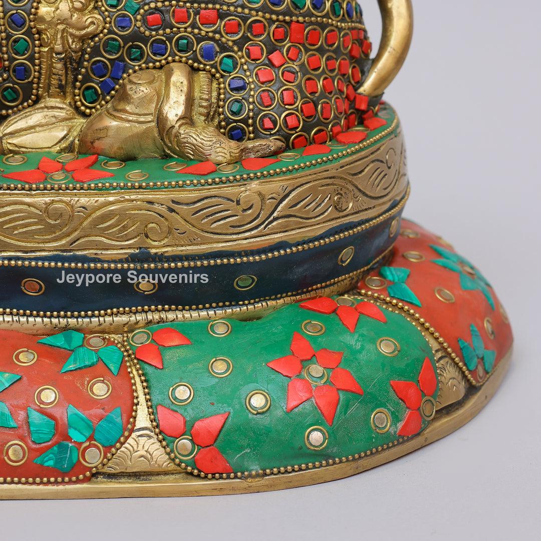 Handcrafted Inlayed Brass Nandi Statue Seated on Lotus Plinth