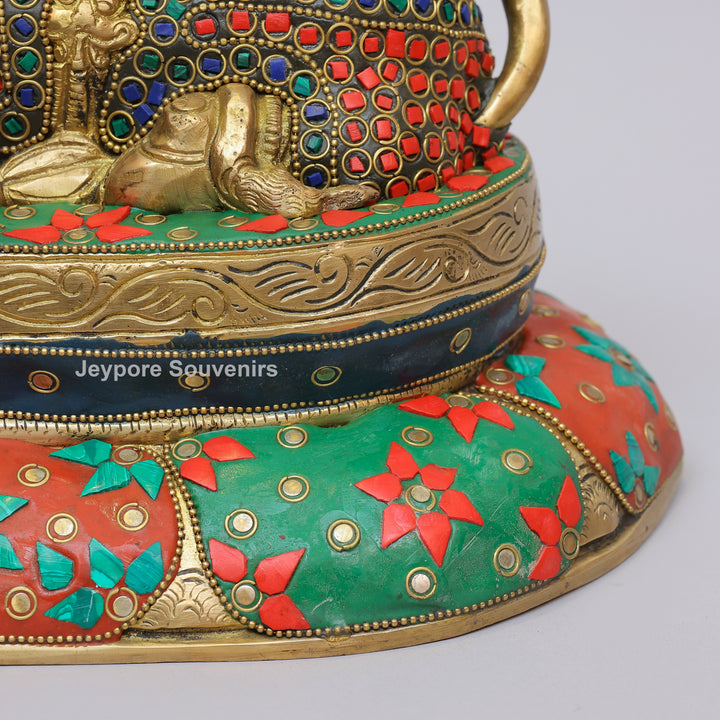 Handcrafted Inlayed Brass Nandi Statue Seated on Lotus Plinth