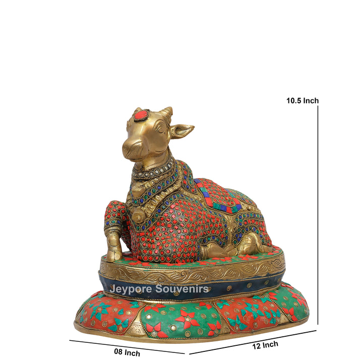 Handcrafted Inlayed Brass Nandi Statue Seated on Lotus Plinth