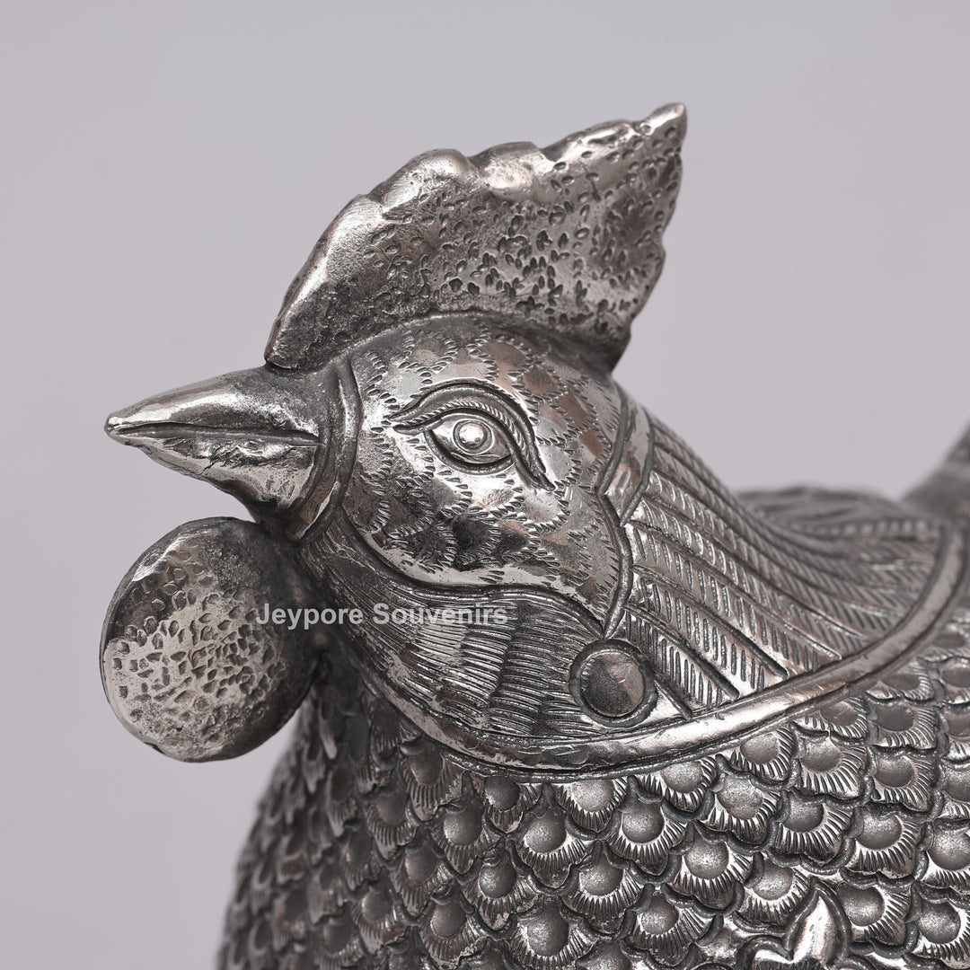 Handcrafted Cambodian Silver Polished Hen-Shaped Betel Lime Box