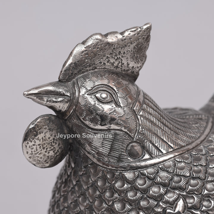 Handcrafted Cambodian Silver Polished Hen-Shaped Betel Lime Box