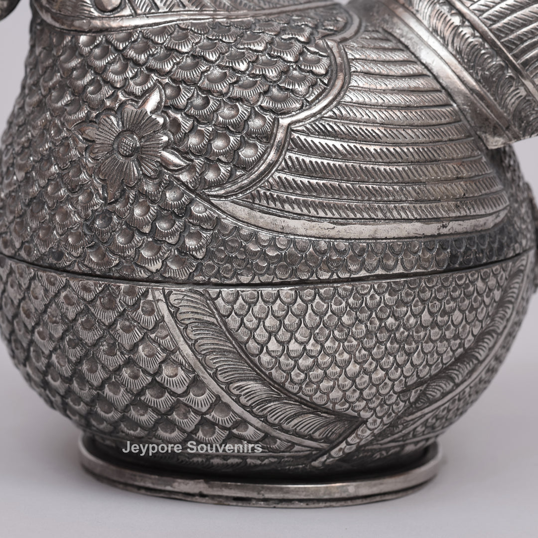 Handcrafted Cambodian Silver Polished Hen-Shaped Betel Lime Box